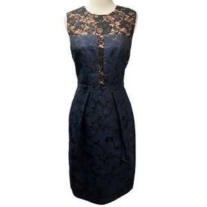 Carmen Marc Valvo Sleeveless Navy Floral Brocade Dress 10